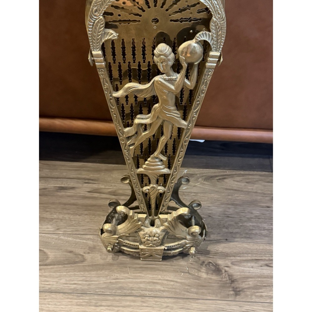 Vintage Art Deco Brass Peacock Fan Fireplace Screen Figural Filigree Goddess - Picture 15 of 16
